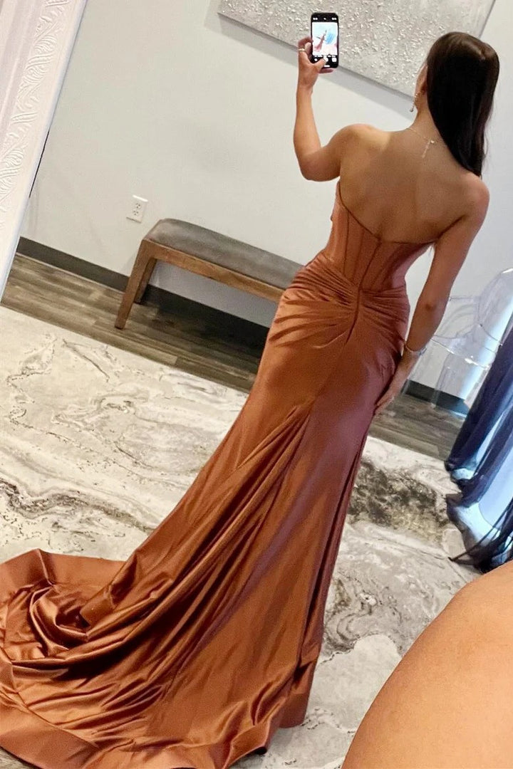 Lumidress Elegant Satin Strapless Mermaid Evening Dress with Side Slit