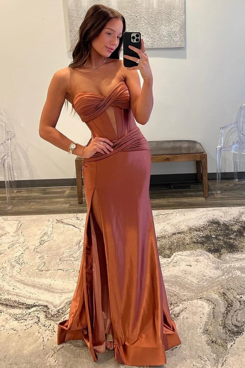Lumidress Elegant Satin Strapless Mermaid Evening Dress with Side Slit