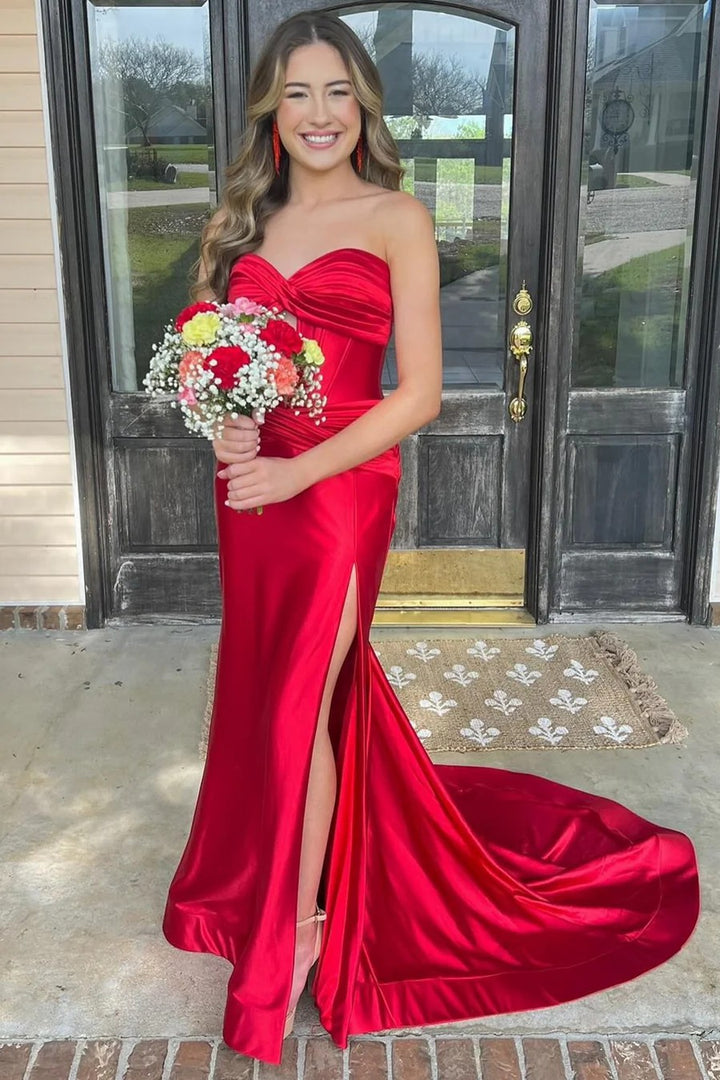 Lumidress Elegant Satin Strapless Mermaid Evening Dress with Side Slit