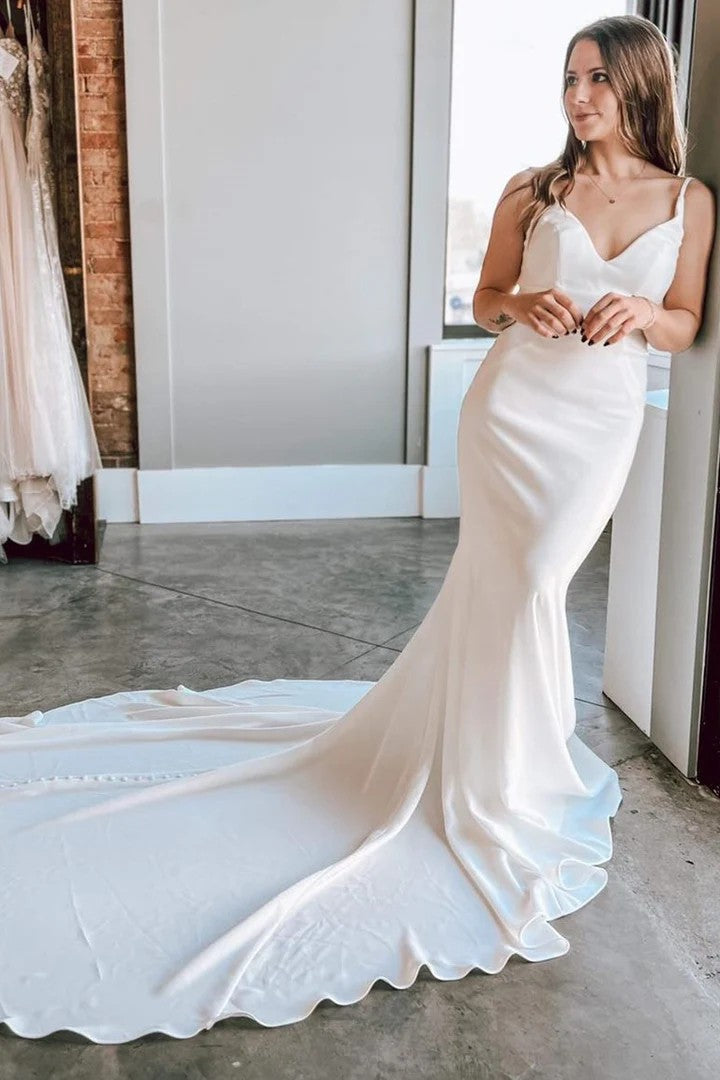 Lumidress Minimalist V-Neck Tie-Back Mermaid Wedding Dress