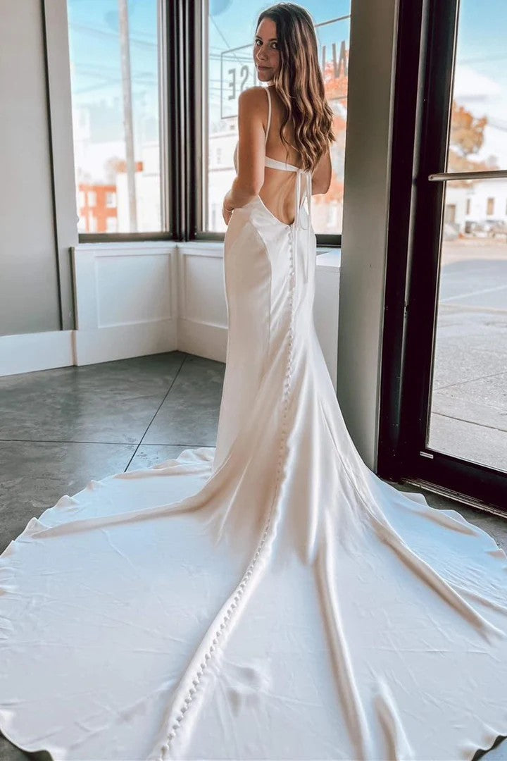 Lumidress Minimalist V-Neck Tie-Back Mermaid Wedding Dress