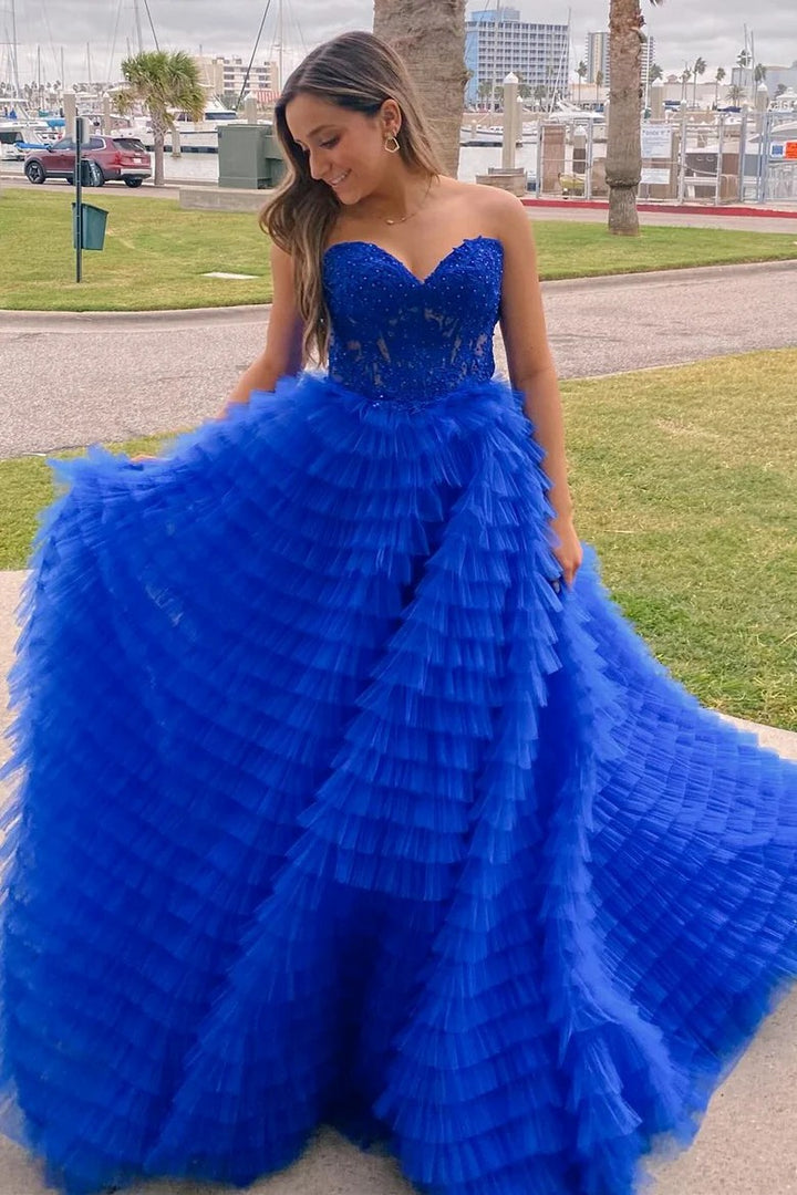 Lumidress Strapless Sweetheart Ruffled Tulle Evening Gown with Slit