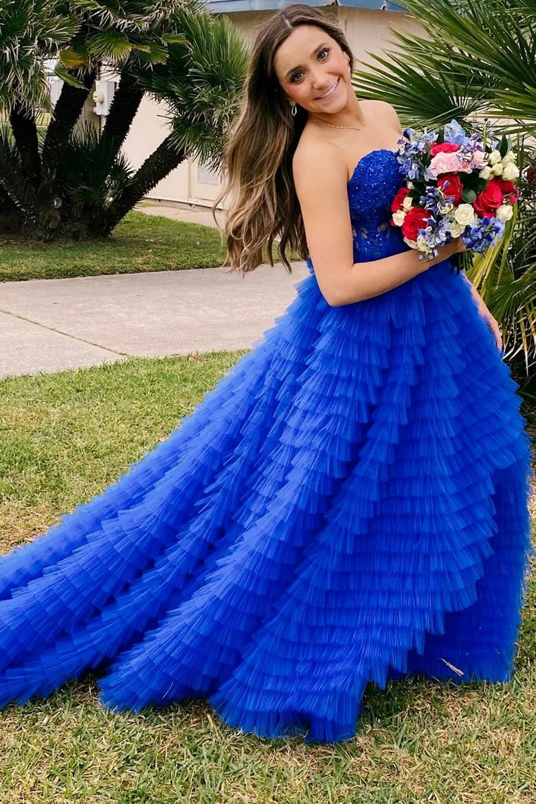 Lumidress Strapless Sweetheart Ruffled Tulle Evening Gown with Slit
