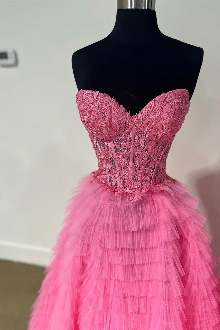 Lumidress Strapless Sweetheart Ruffled Tulle Evening Gown with Slit