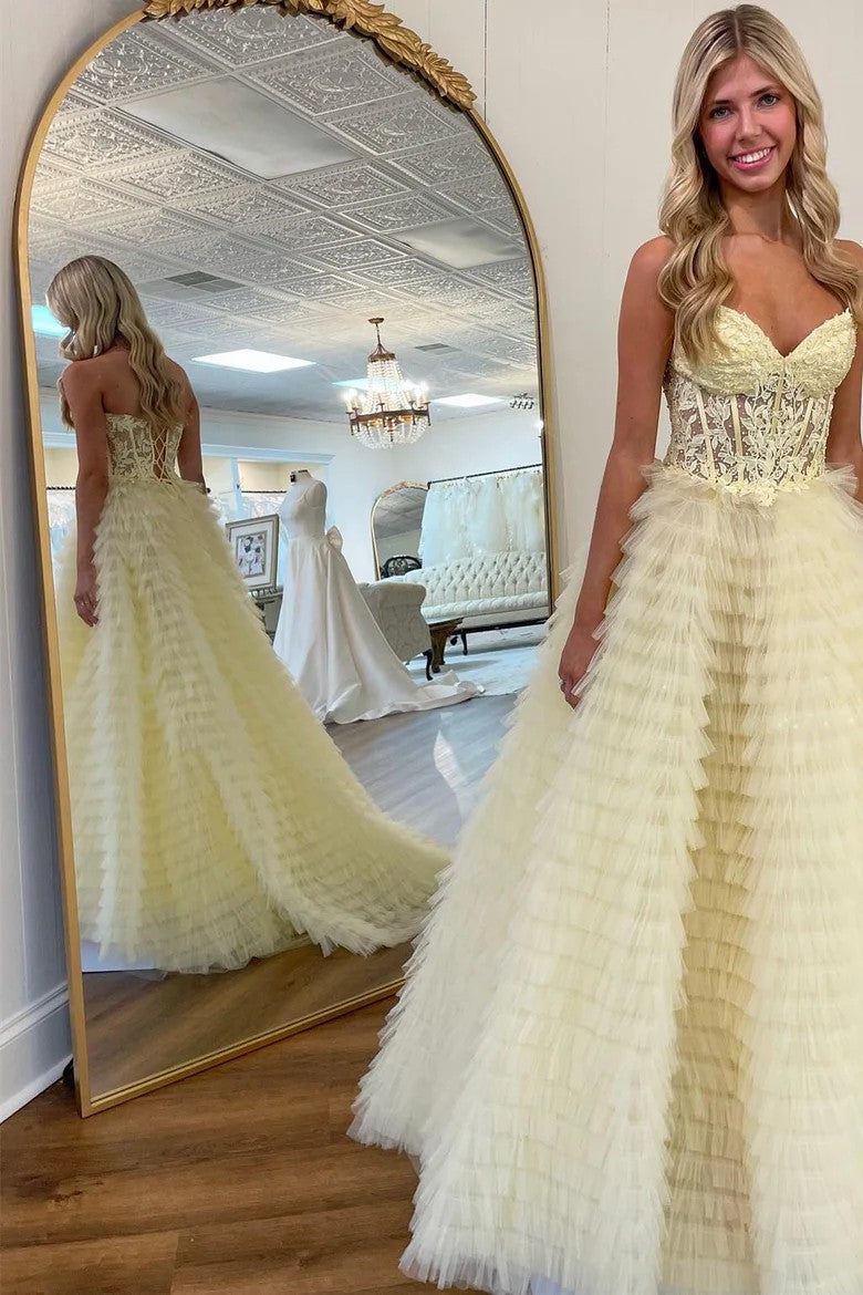 Lumidress Strapless Sweetheart Ruffled Tulle Evening Gown with Slit