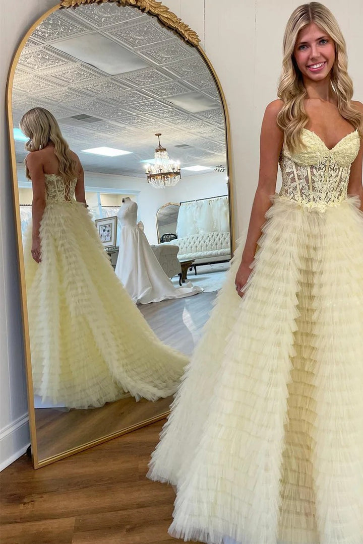 Lumidress Strapless Sweetheart Ruffled Tulle Evening Gown with Slit