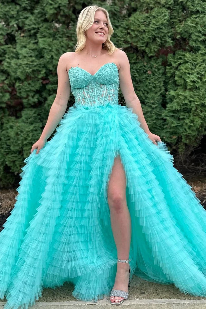 Lumidress Strapless Sweetheart Ruffled Tulle Evening Gown with Slit