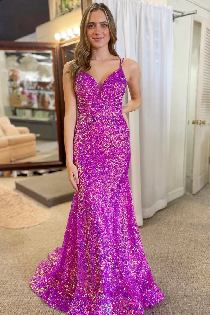 Lumidress Sparkling Magenta Mermaid Prom Dress with Sequins