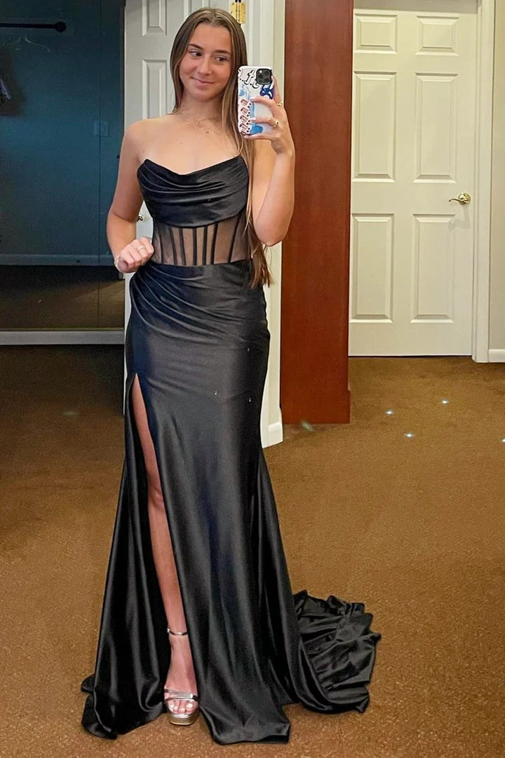 Lumidress Strapless Sheer Bodice Long Formal Dress with Side Slit