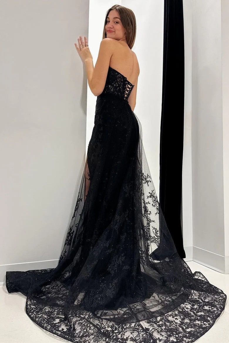 Lumidress Black Strapless Lace Evening Dress with Train Detail
