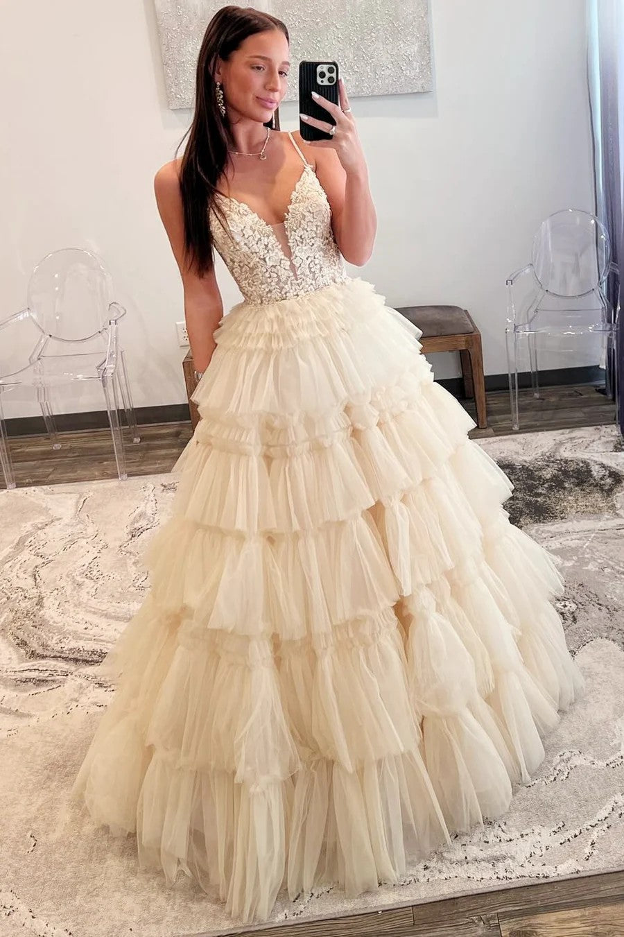 Lumidress Hot Pink Deep V-Neck Layered Tulle Ball Gown with Beaded Bodice