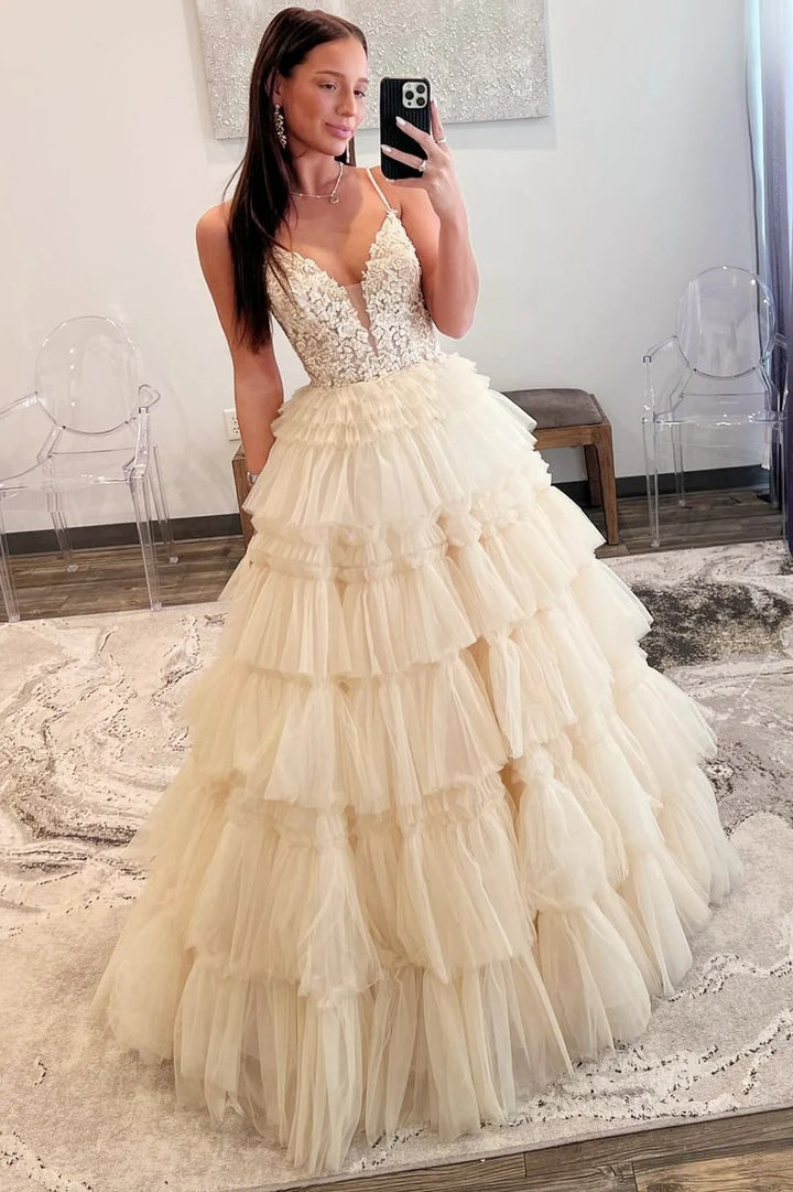 Lumidress Hot Pink Deep V-Neck Layered Tulle Ball Gown with Beaded Bodice