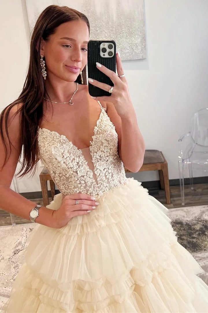 Lumidress Hot Pink Deep V-Neck Layered Tulle Ball Gown with Beaded Bodice
