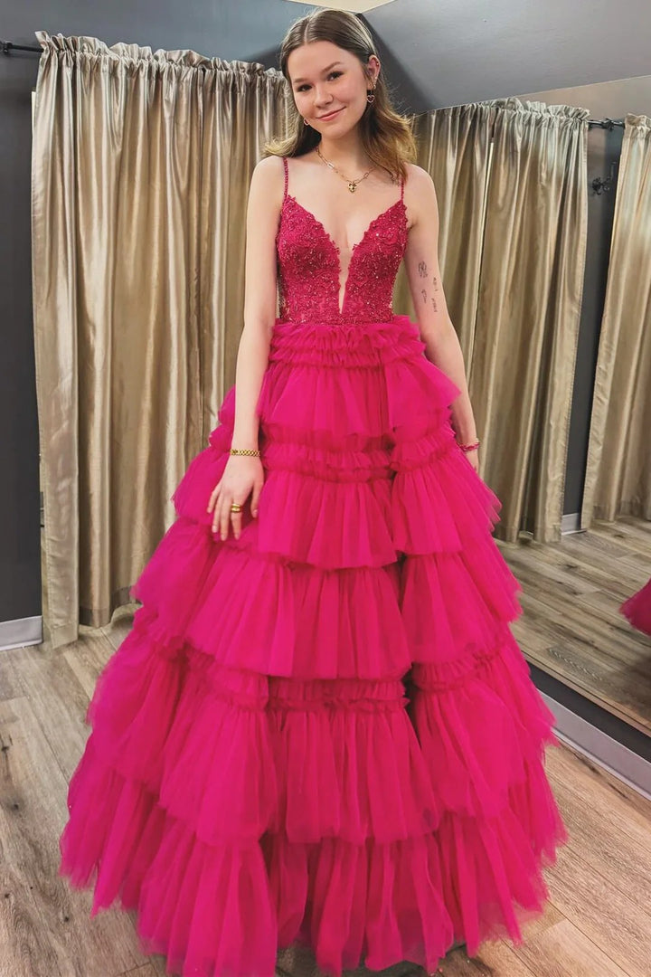 Lumidress Hot Pink Deep V-Neck Layered Tulle Ball Gown with Beaded Bodice