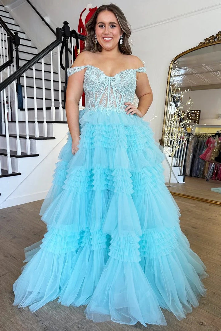 Lumidress Glamorous Red Off-Shoulder Applique Corset Ball Gown with Tiered Ruffle Skirt