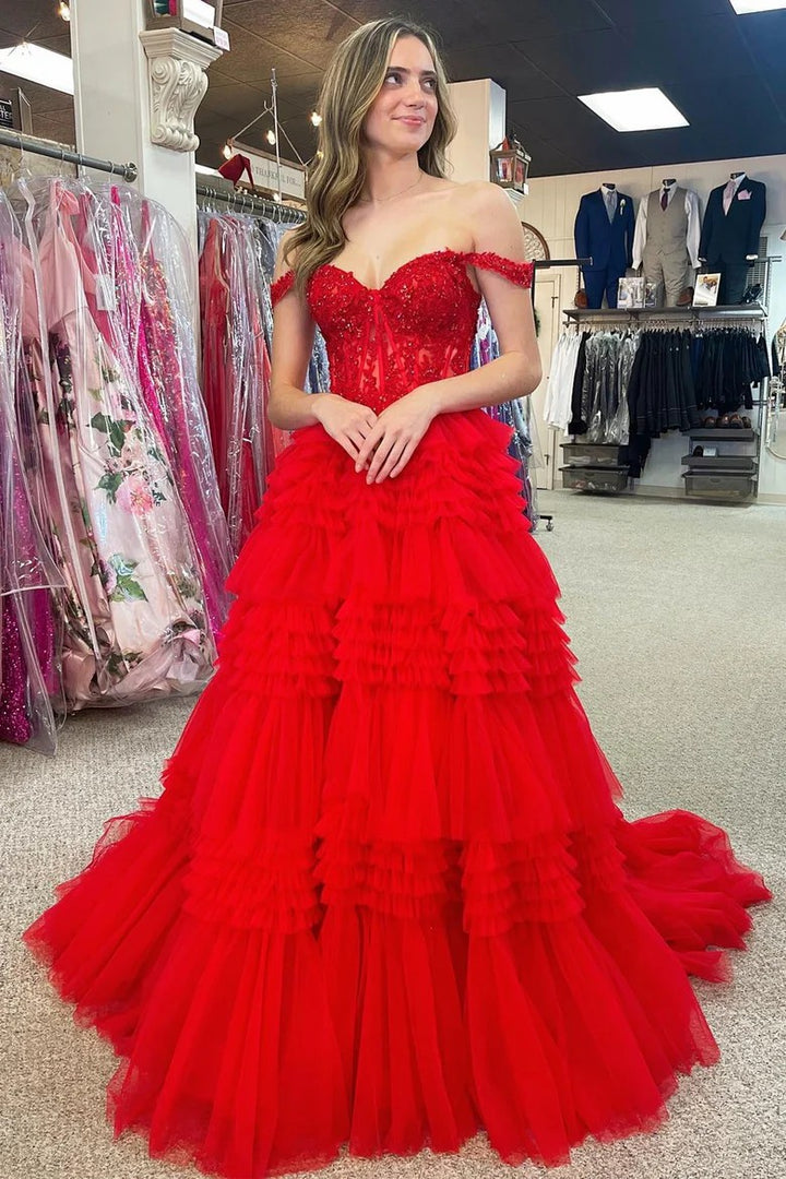 Lumidress Glamorous Red Off-Shoulder Applique Corset Ball Gown with Tiered Ruffle Skirt