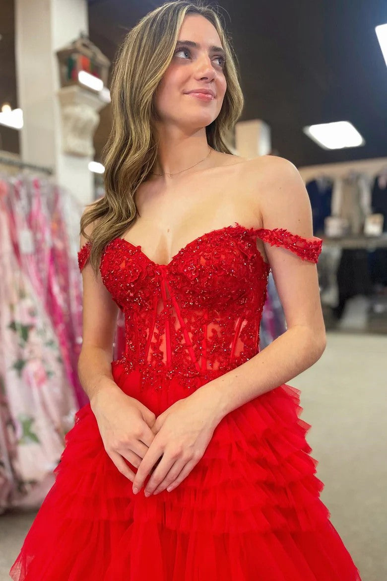 Lumidress Glamorous Red Off-Shoulder Applique Corset Ball Gown with Tiered Ruffle Skirt