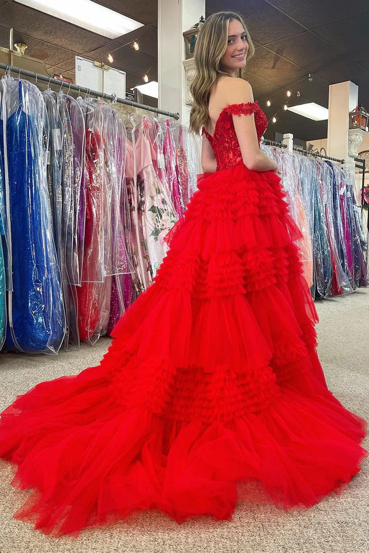 Lumidress Glamorous Red Off-Shoulder Applique Corset Ball Gown with Tiered Ruffle Skirt