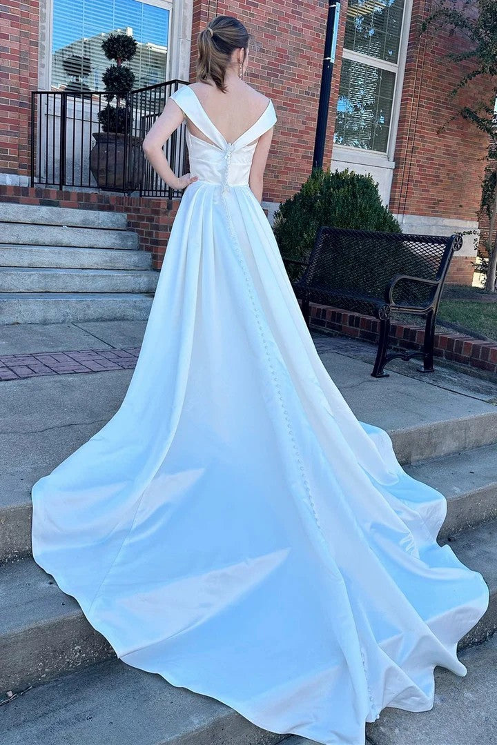 Lumidress Elegant Off-the-Shoulder A-Line Wedding Dress with Train