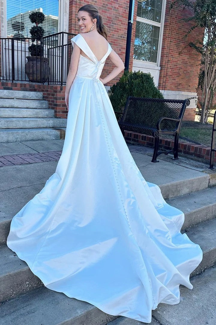 Lumidress Elegant Off-the-Shoulder A-Line Wedding Dress with Train