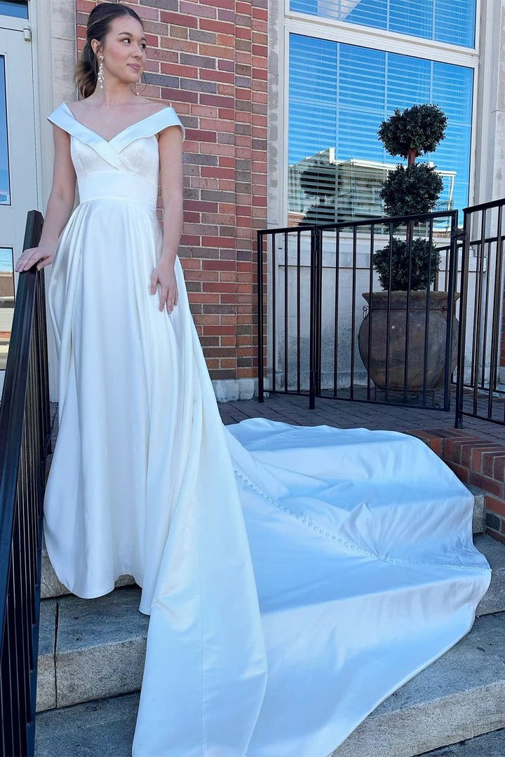 Lumidress Elegant Off-the-Shoulder A-Line Wedding Dress with Train