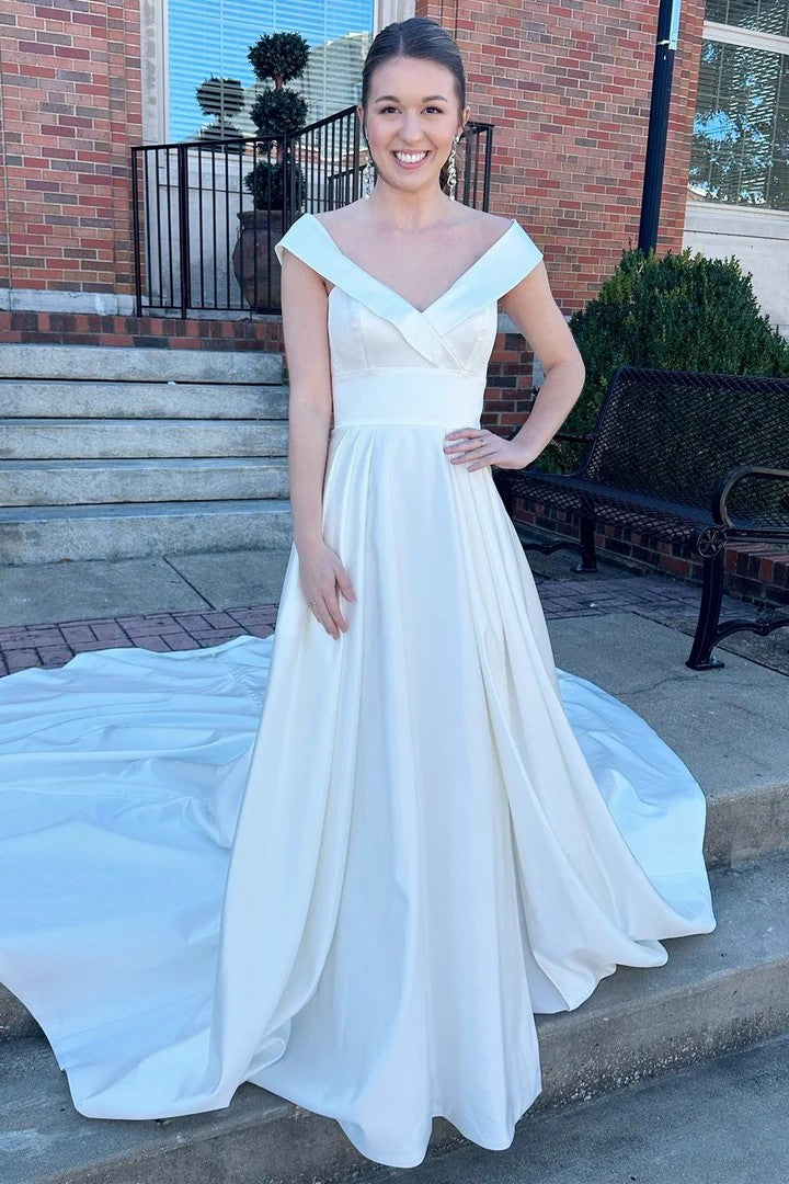 Lumidress Elegant Off-the-Shoulder A-Line Wedding Dress with Train