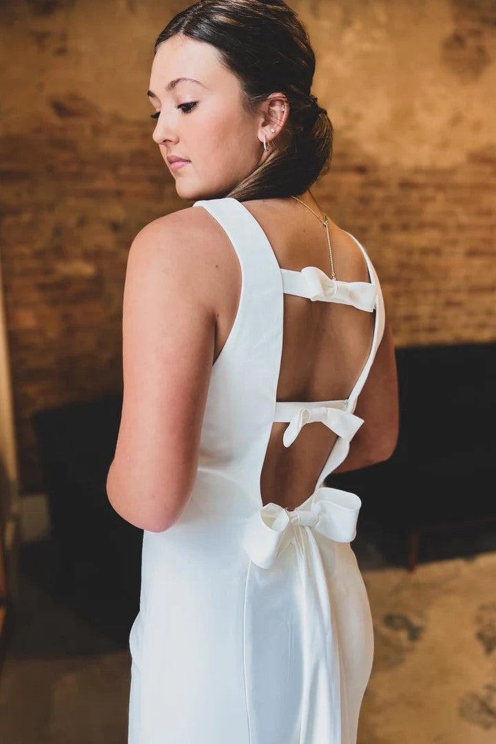Lumidress White Bateau Neck Trumpet Wedding Dress with Cutout Back