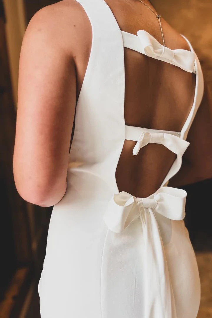 Lumidress White Bateau Neck Trumpet Wedding Dress with Cutout Back