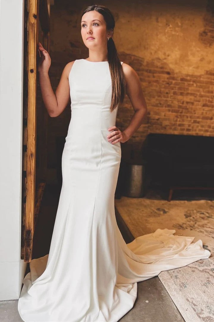Lumidress White Bateau Neck Trumpet Wedding Dress with Cutout Back