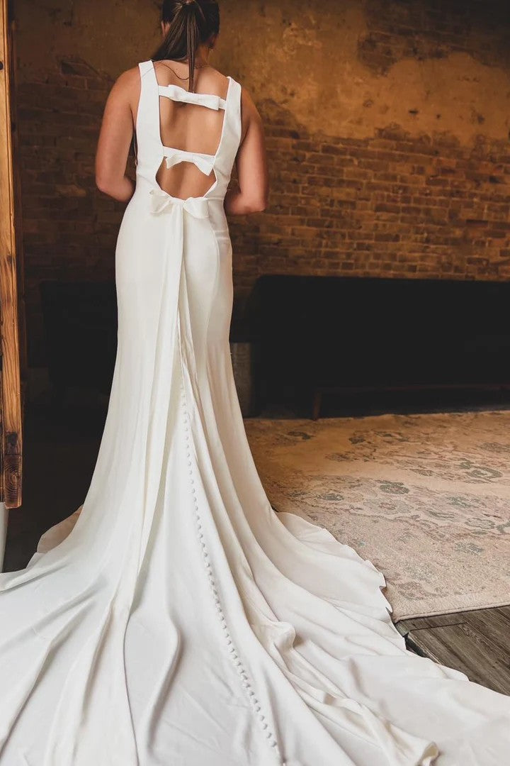 Lumidress White Bateau Neck Trumpet Wedding Dress with Cutout Back