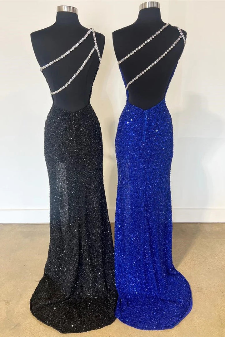 Lumidress Rust Orange One-Shoulder Sequin Prom Dress with Slit