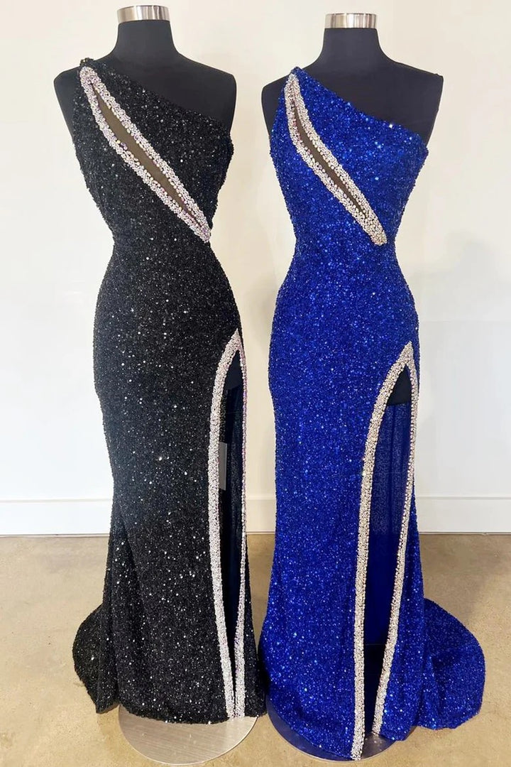 Lumidress Rust Orange One-Shoulder Sequin Prom Dress with Slit
