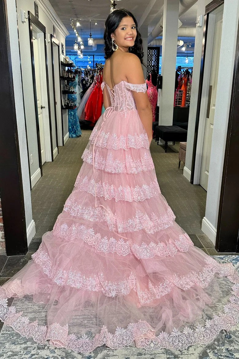 Lumidress Pink Layered Lace Off-Shoulder Princess Gown with High Slit