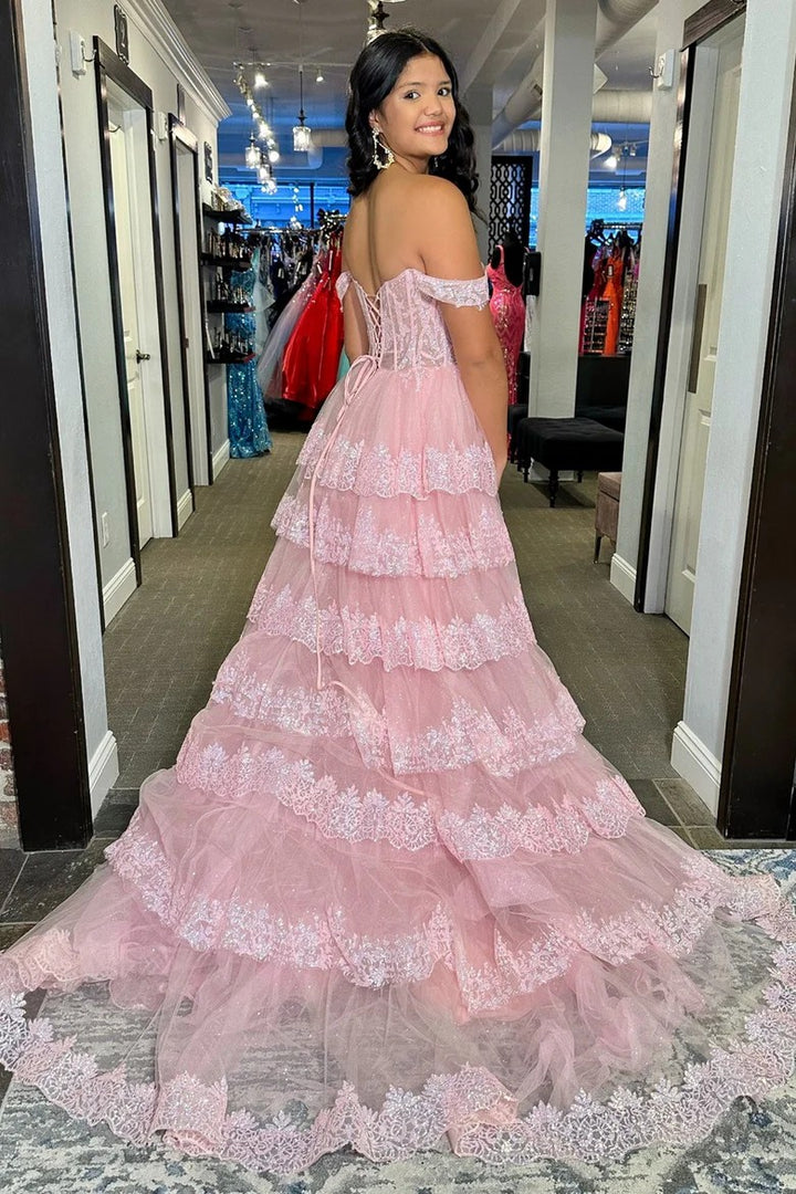 Lumidress Pink Layered Lace Off-Shoulder Princess Gown with High Slit