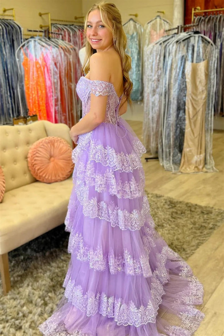 Lumidress Pink Layered Lace Off-Shoulder Princess Gown with High Slit