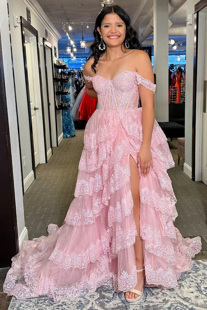 Lumidress Pink Layered Lace Off-Shoulder Princess Gown with High Slit