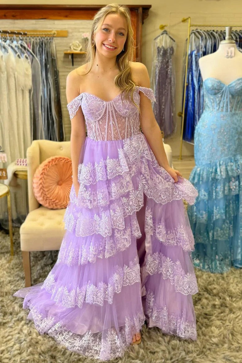Lumidress Pink Layered Lace Off-Shoulder Princess Gown with High Slit