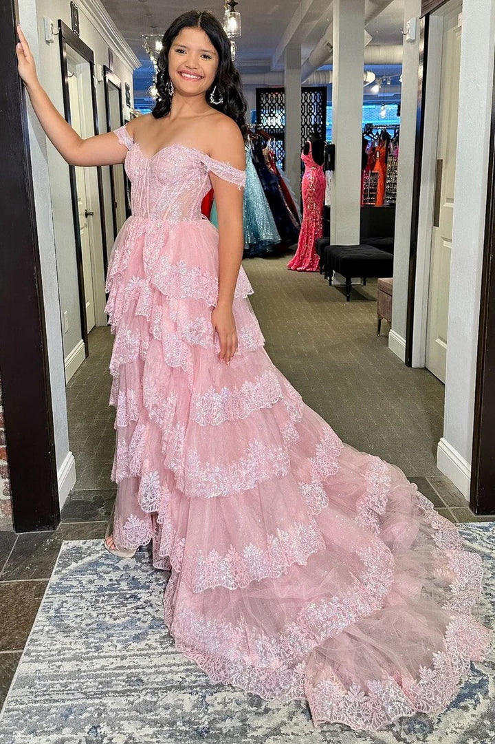 Lumidress Pink Layered Lace Off-Shoulder Princess Gown with High Slit