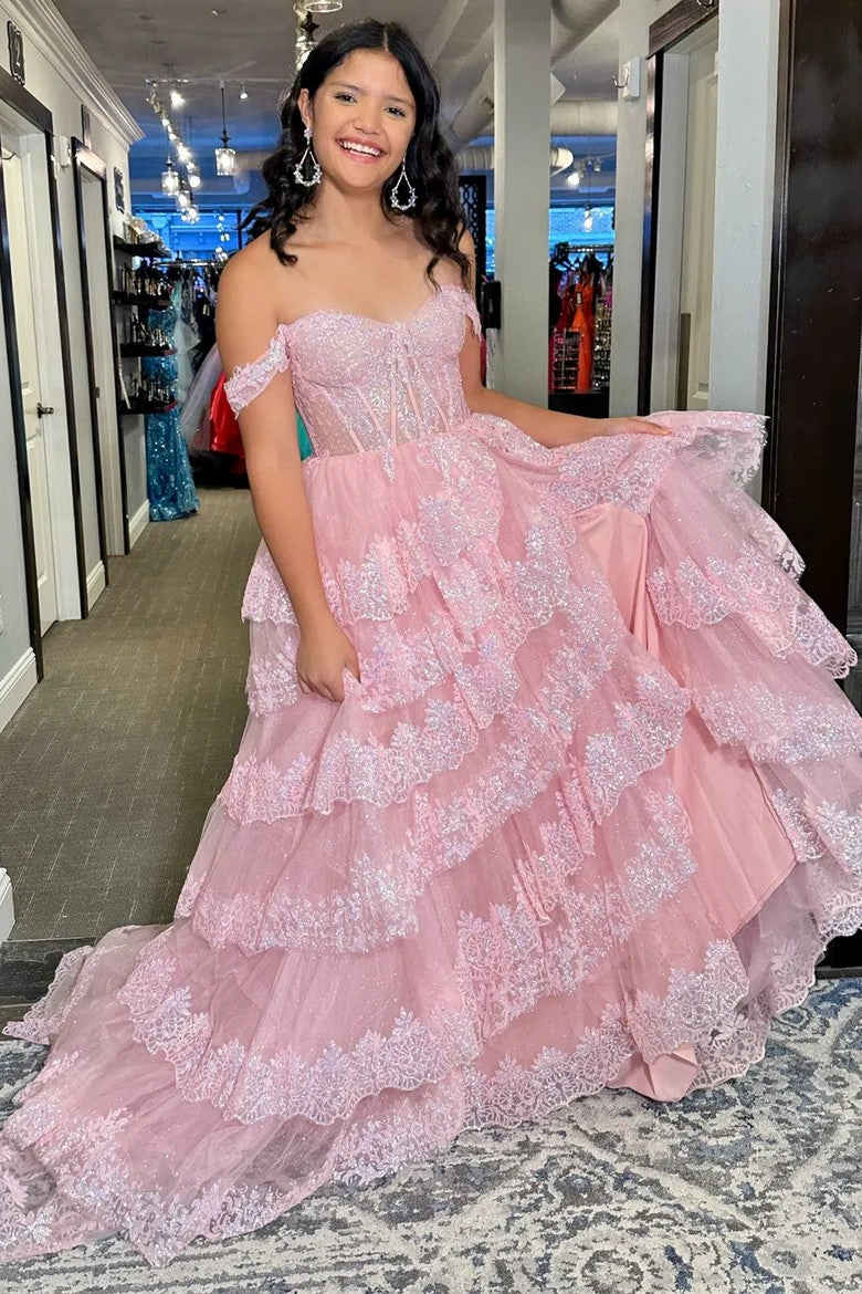 Lumidress Pink Layered Lace Off-Shoulder Princess Gown with High Slit
