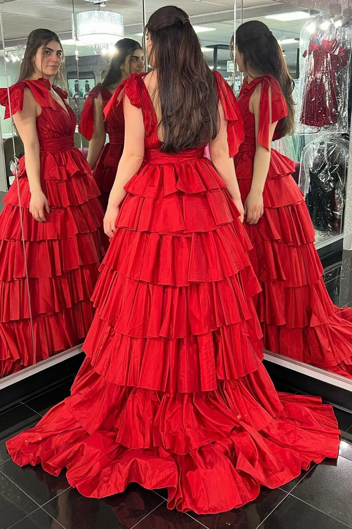 Lumidress Dramatic Red Tiered Ruffle V-Neck Evening Gown with Bow Straps