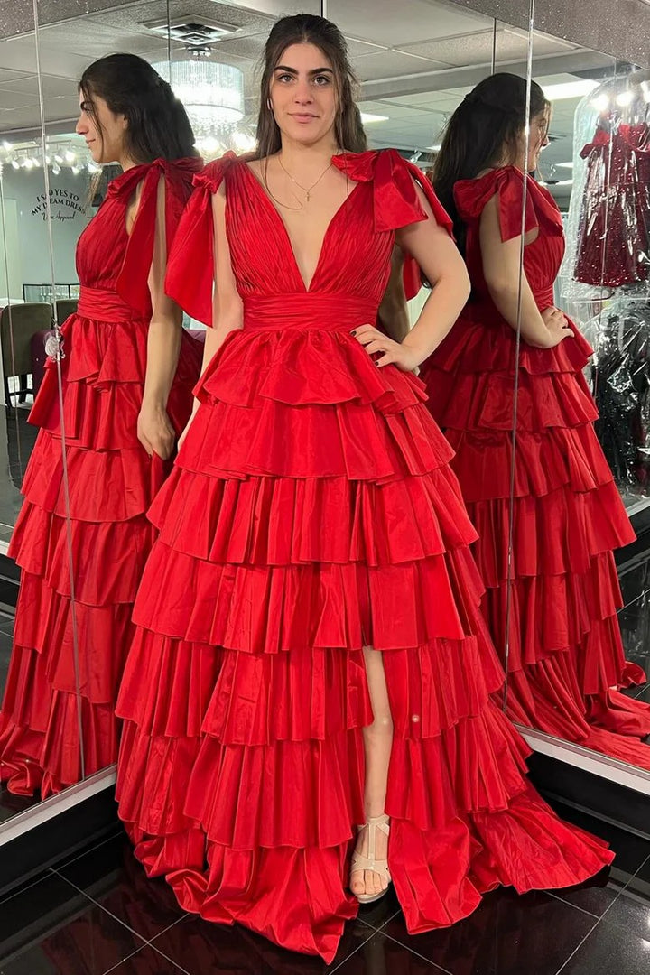 Lumidress Dramatic Red Tiered Ruffle V-Neck Evening Gown with Bow Straps