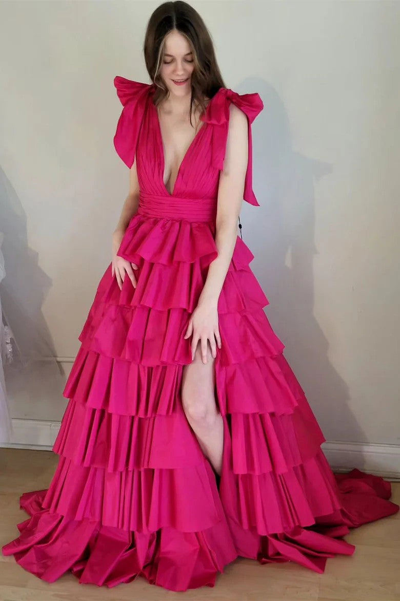Lumidress Dramatic Red Tiered Ruffle V-Neck Evening Gown with Bow Straps