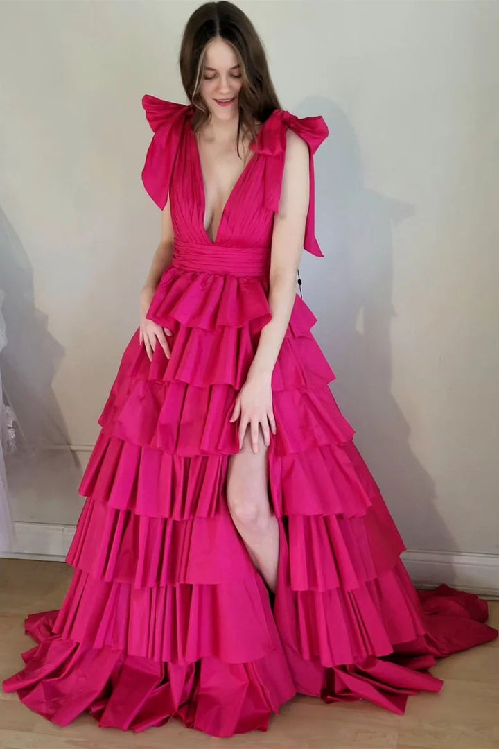Lumidress Dramatic Red Tiered Ruffle V-Neck Evening Gown with Bow Straps