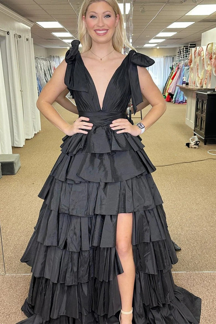 Lumidress Dramatic Red Tiered Ruffle V-Neck Evening Gown with Bow Straps