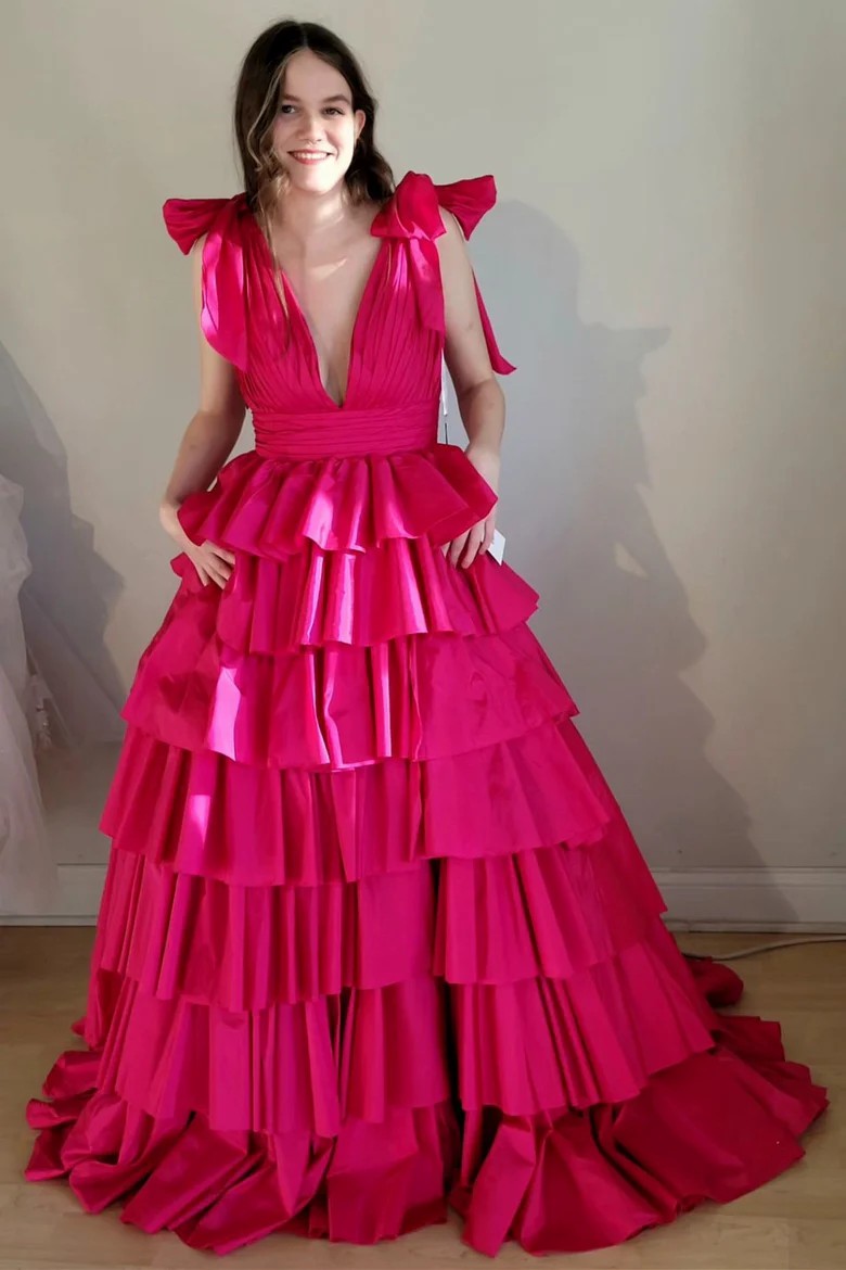 Lumidress Dramatic Red Tiered Ruffle V-Neck Evening Gown with Bow Straps