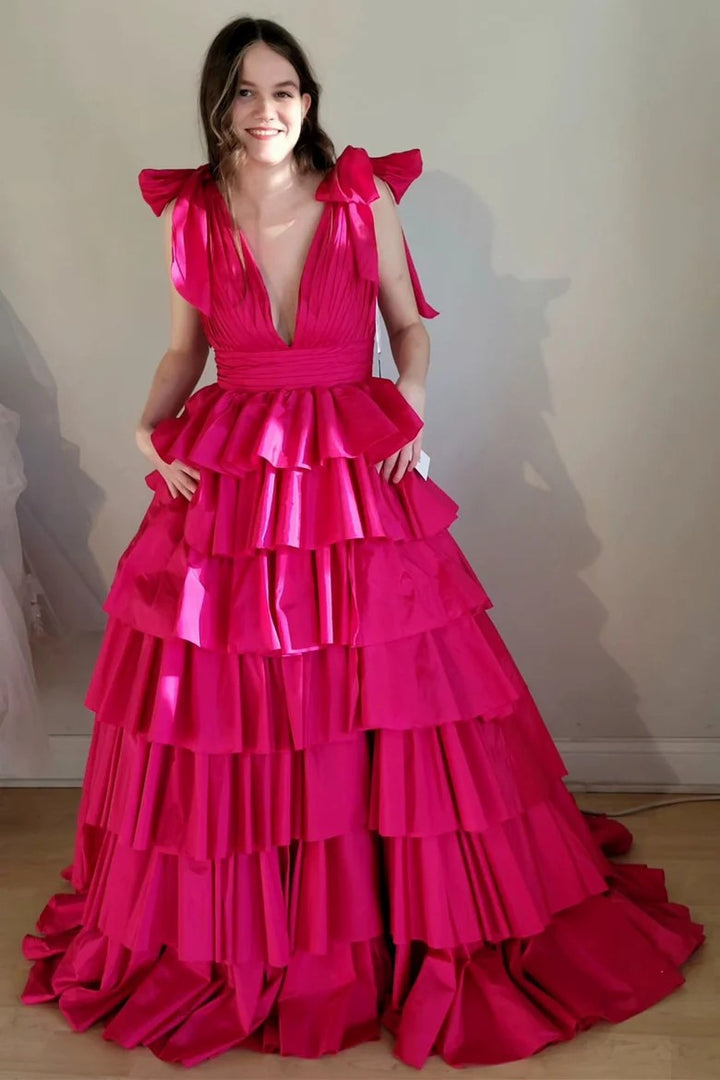Lumidress Dramatic Red Tiered Ruffle V-Neck Evening Gown with Bow Straps