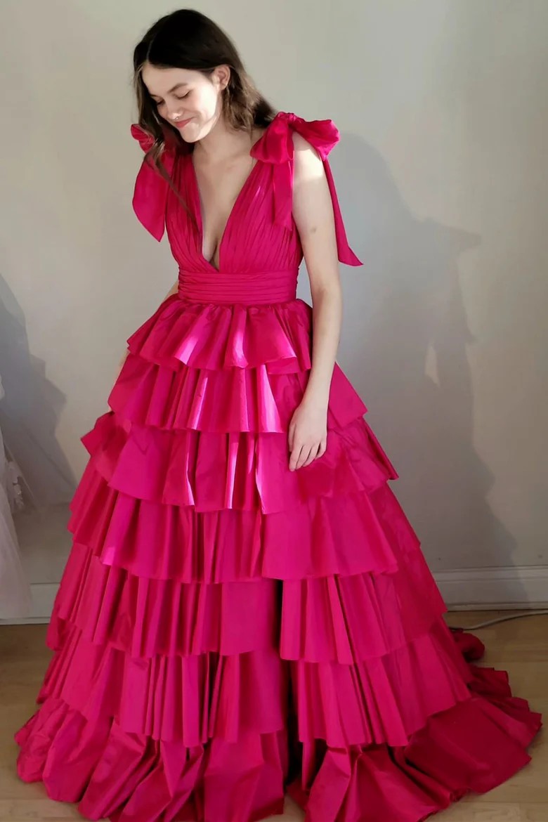 Lumidress Dramatic Red Tiered Ruffle V-Neck Evening Gown with Bow Straps
