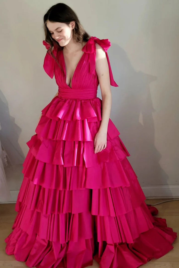 Lumidress Dramatic Red Tiered Ruffle V-Neck Evening Gown with Bow Straps