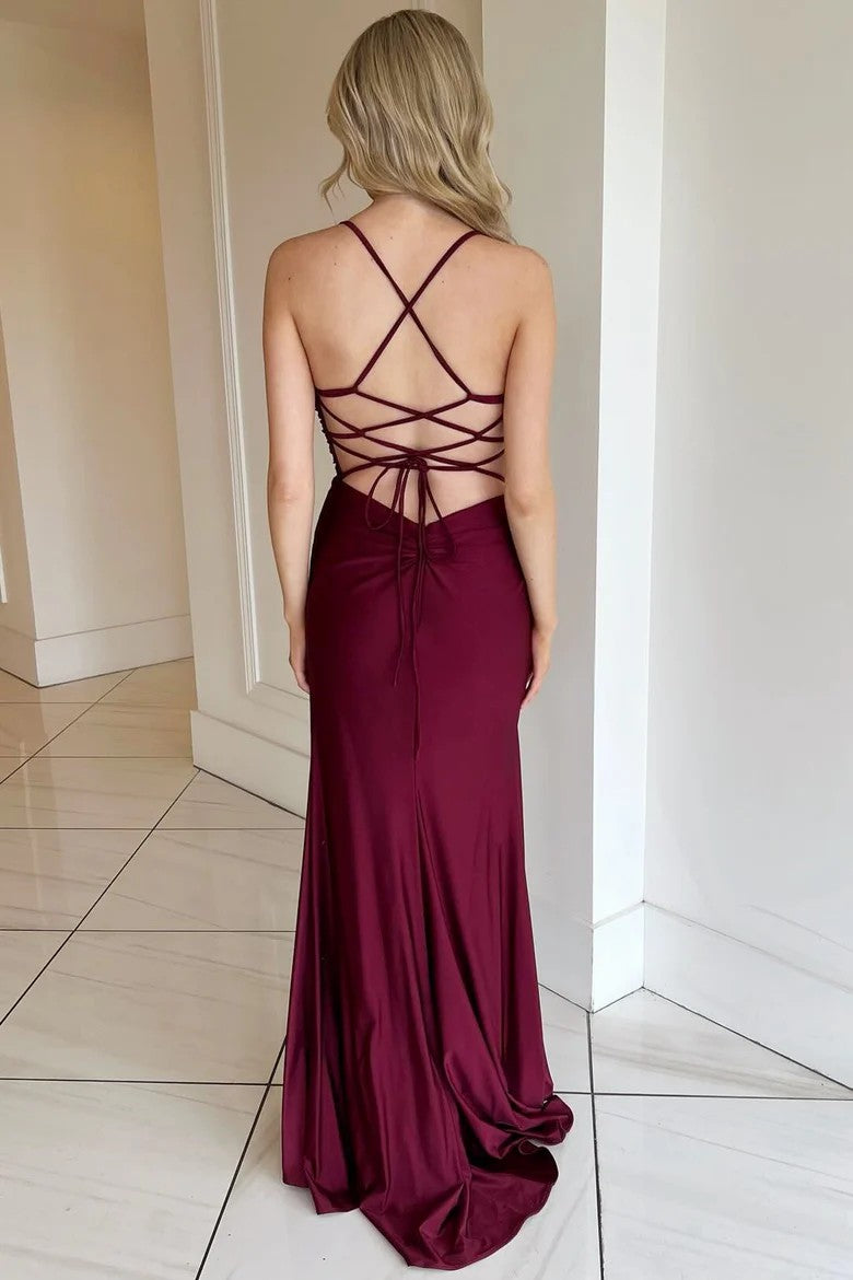 Lumidress Wine Red Deep V-Neck Long Side Slit Formal Dress