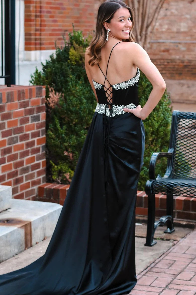 Lumidress Black Satin Spaghetti Strap Prom Dress with Beaded Neckline and Side Slit